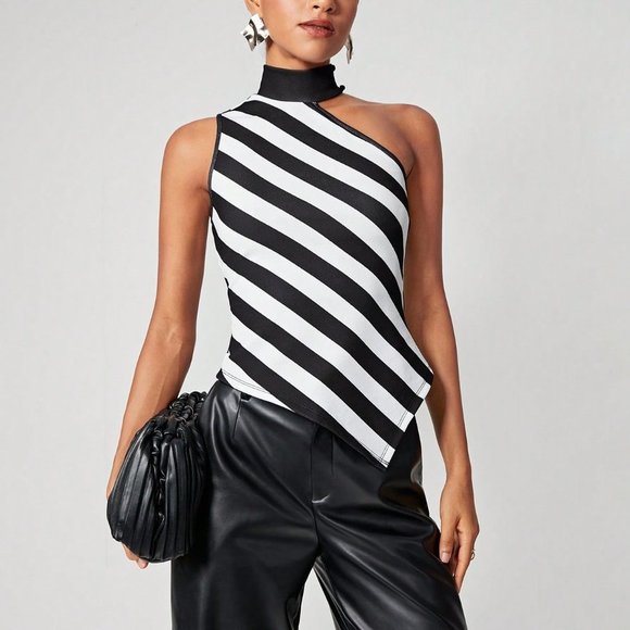 Black Preppy Womens Striped Print Asymmetrical Neck Hanky Hem Tank Top - Picture 3 of 5